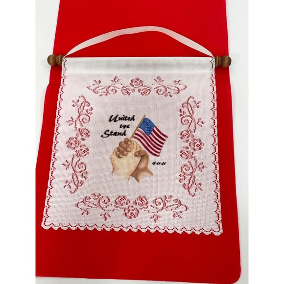 Vintage Banner Lace 911 Flag USA “United we Stand” Clasped Hands Unity Patriotic - Picture 5 of 13